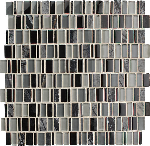 12x12 Clio Mosaics Random Pattern  Mosaic Mixed-Material Look Matte Smooth Glass & Stone Tile Black Gray