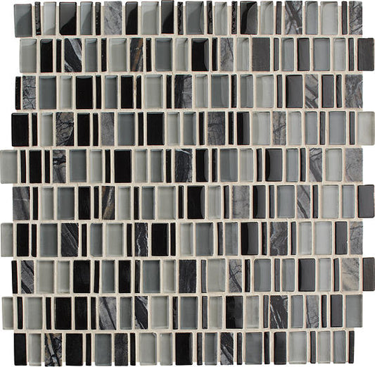 12x12 Clio Mosaics Random Pattern  Mosaic Mixed-Material Look Matte Smooth Glass & Stone Tile Black Gray