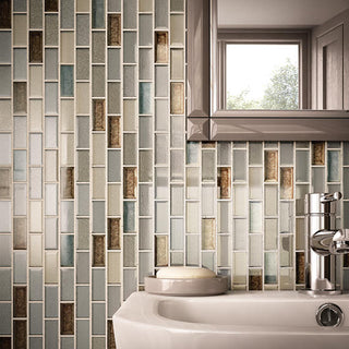 Stone Taupe - 12x13 Crystal Shores Subway Pattern Mosaic Mixed-Color Glossy Smooth Glass Tile