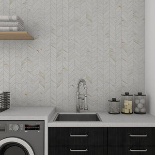 Cream White - 7x14 Marble Attache Lavish Chevron Mosaic Marble-Look Polished Smooth Porcelain Tile