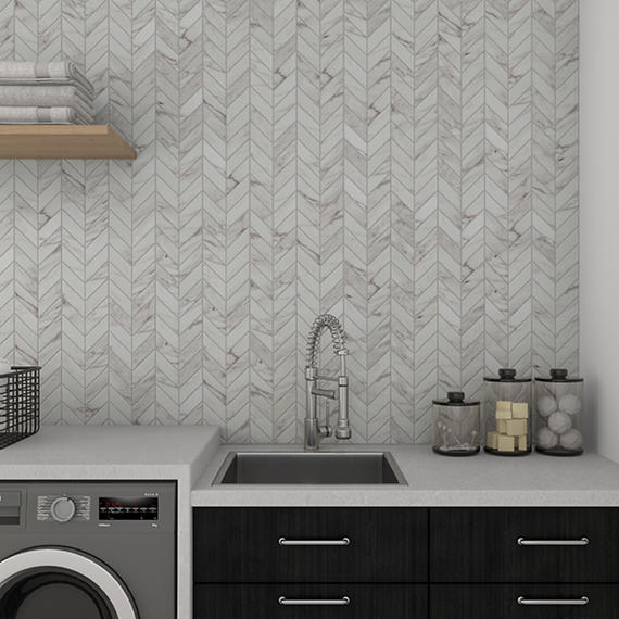 2x5 Marble Attache Lavish Chevron  Mosaic Marble-Look Polished Smooth Porcelain Tile Light Gray