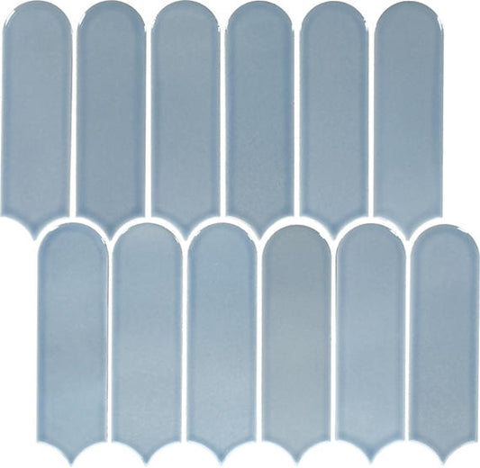 2x6 Artefino Vintage Scallop  Mosaic Solid-Color Glossy Smooth Porcelain Tile Sky Blue