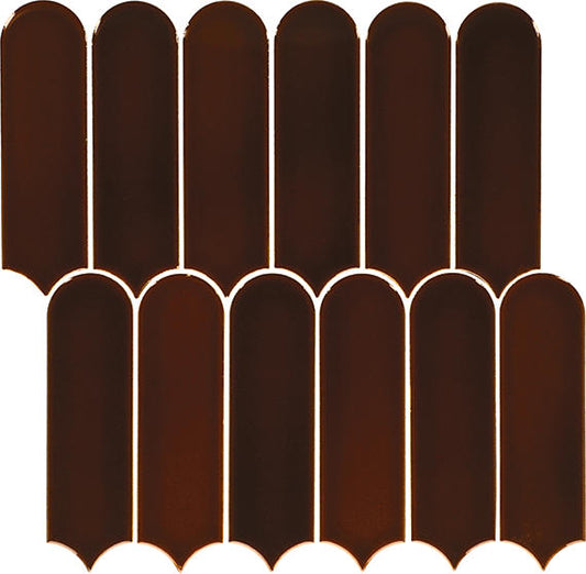 2x6 Artefino Vintage Scallop  Mosaic Solid-Color Glossy Smooth Porcelain Tile Dark Brown
