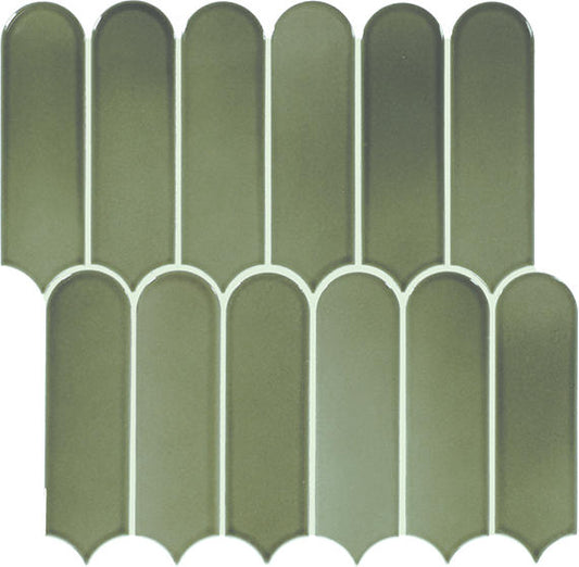 2x6 Artefino Vintage Scallop  Mosaic Solid-Color Glossy Smooth Porcelain Tile Olive Green