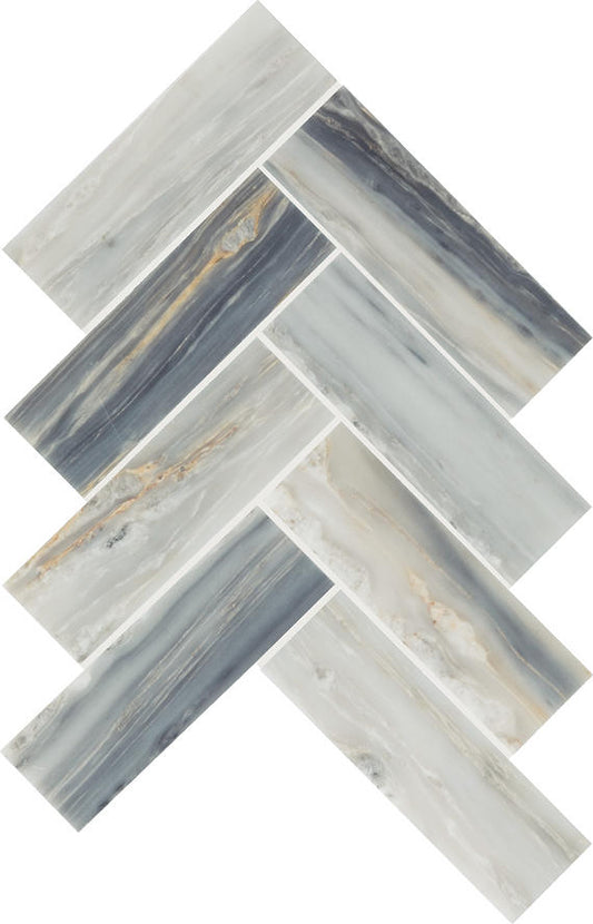 2 Gamma Herringbone  Mosaic Marble-Look Polished Smooth Stone Tile Marble Gray