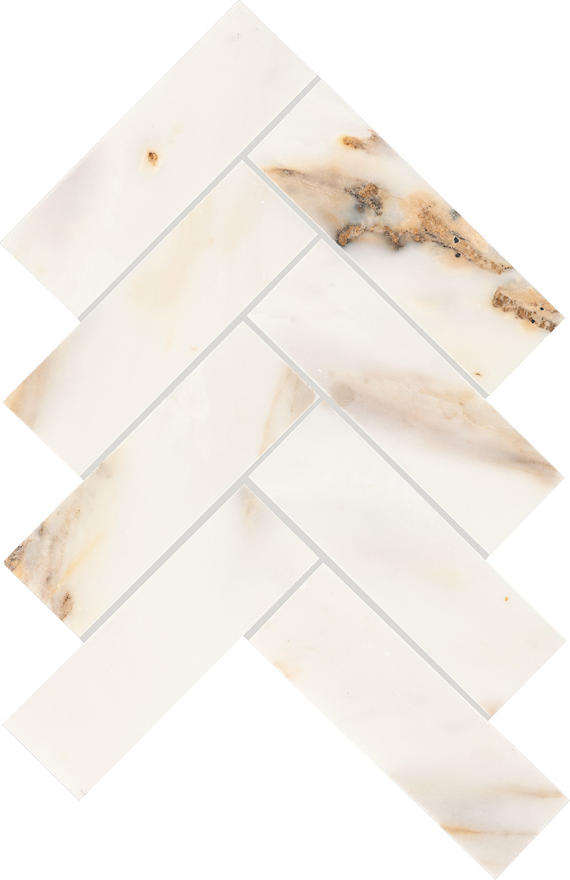 2 Gamma Herringbone  Mosaic Marble-Look Polished Smooth Stone Tile Ivory Gold