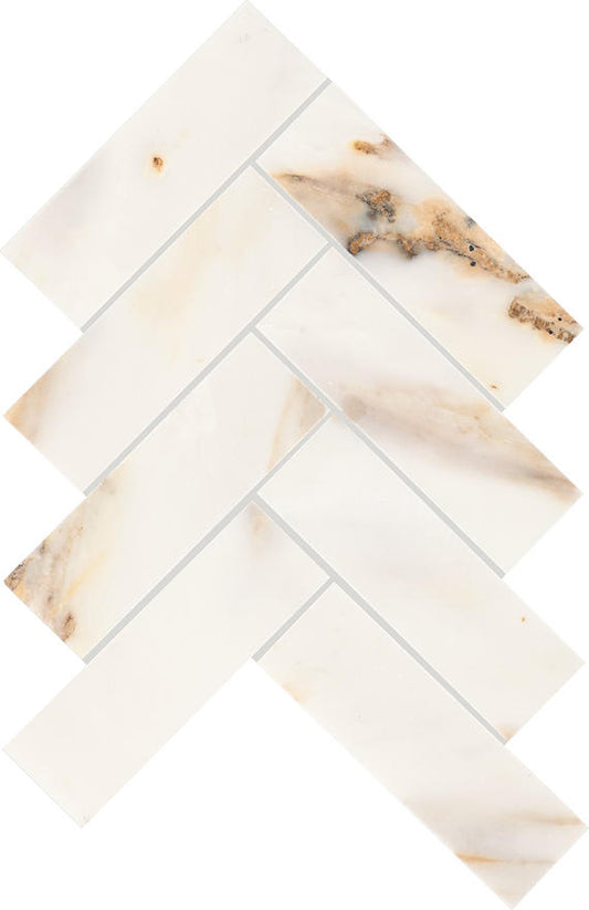 2 Gamma Herringbone  Mosaic Marble-Look Polished Smooth Stone Tile Ivory Gold
