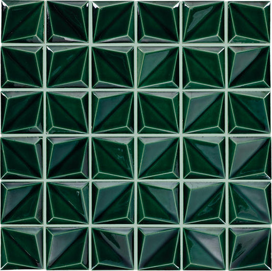 2 Artefino Vintage  Mosaic Solid-Color Glossy 3D-Geometric Pyramid Porcelain Tile Forest Green