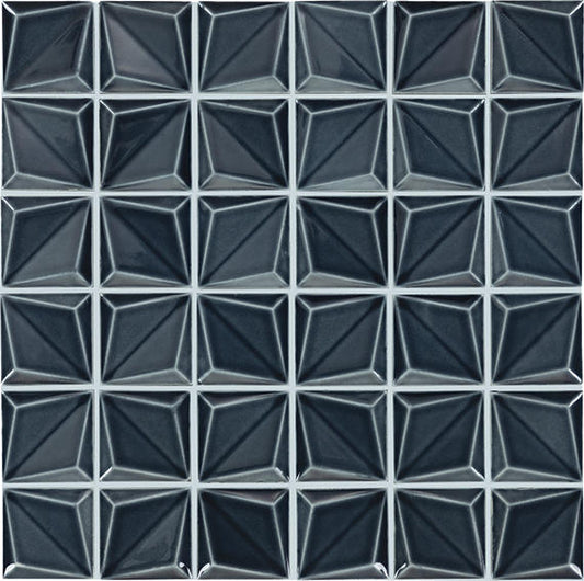 2 Artefino Vintage  Mosaic Solid-Color Glossy 3D-Geometric Pyramid Porcelain Tile Slate Blue