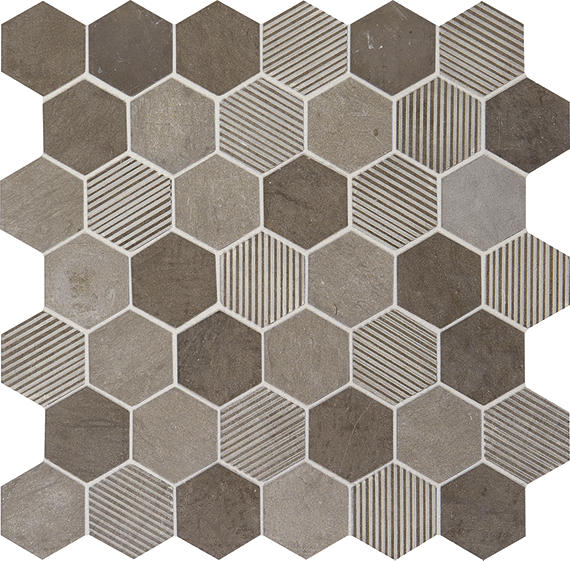2 Limestone Hexagon  Mosaic Stone-Look Polished Textured Limestone Tile Brown Gray