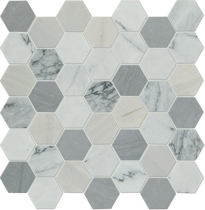 2 Raine Hexagon  Mosaic Mixed-Color Honed Smooth Marble Tile Storm Gray