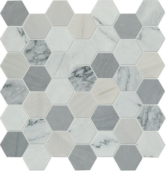 2 Raine Hexagon  Mosaic Mixed-Color Honed Smooth Marble Tile Storm Gray