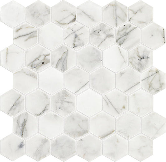 2 Marble Hexagon  Mosaic Stone-Look Honed Smooth Marble Tile White Gray