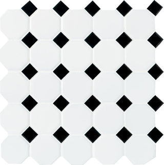 Black White - 12x12 Octagon & Dot Octagon Diamond Grid Mosaic Mixed-Color Matte Smooth Ceramic Tile