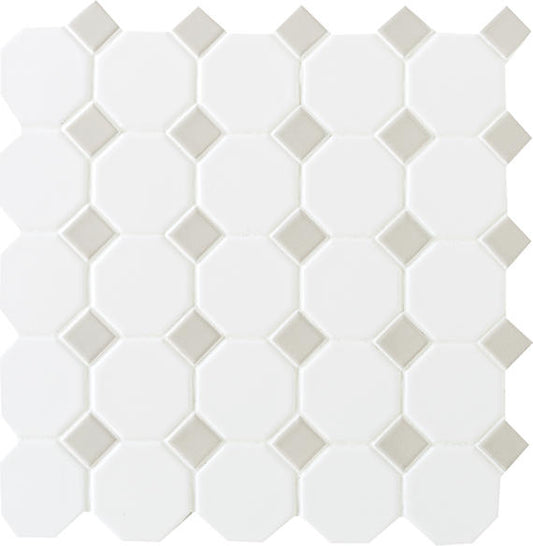 2 Octagon & Dot Octagon Diamond Grid Mosaic Mixed-Color Matte Smooth Ceramic Tile Gray White