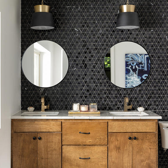 2 Pietra Divina Triangle Intricate Geometry Mosaic Natural-Look Polished Smooth Marble Tile Black Marble