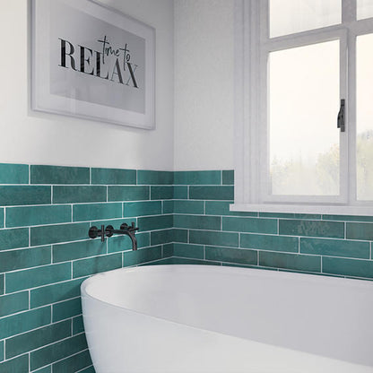 3x12 Mesmerist  Natural Solid-Color Glossy Undulated Ceramic Tile Deep Teal