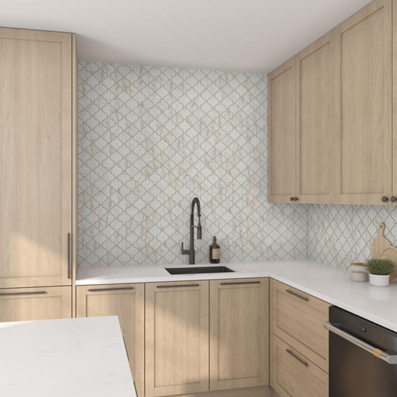 3x3 Mythique Marble Arabesque  Mosaic Marble-Look Matte Smooth Porcelain Tile Cream White