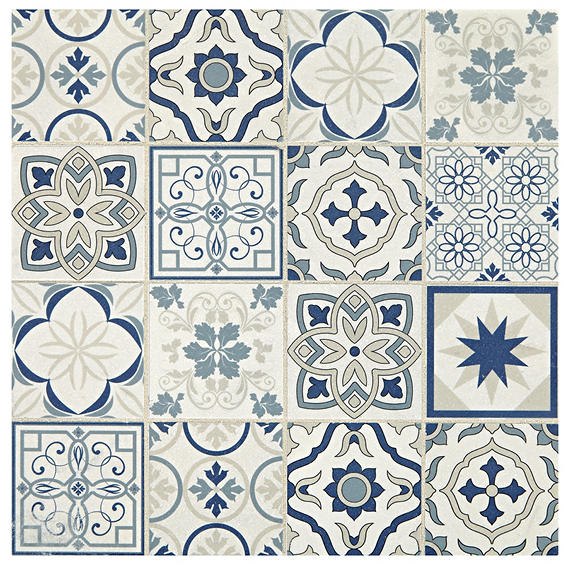 12x12 Sublimity Patchwork Encaustic Mosaic Mixed-Color Honed Smooth Stone Tile Blue White