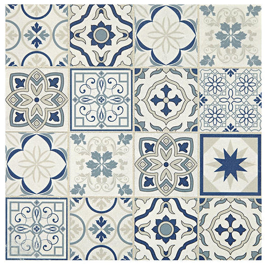12x12 Sublimity Patchwork Encaustic Mosaic Mixed-Color Honed Smooth Stone Tile Blue White