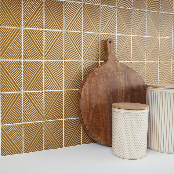 3x4 Revalia Remix Diamond  Mosaic Solid-Color Glossy 3D-Geometric Ribbed Ceramic Tile Mustard Yellow