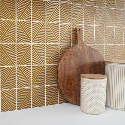 3x4 Revalia Remix Diamond  Mosaic Solid-Color Glossy 3D-Geometric Ribbed Ceramic Tile Mustard Yellow