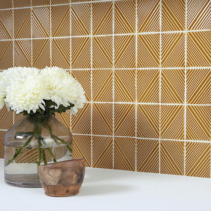 3x4 Revalia Remix Diamond  Mosaic Solid-Color Glossy 3D-Geometric Ribbed Ceramic Tile Mustard Yellow