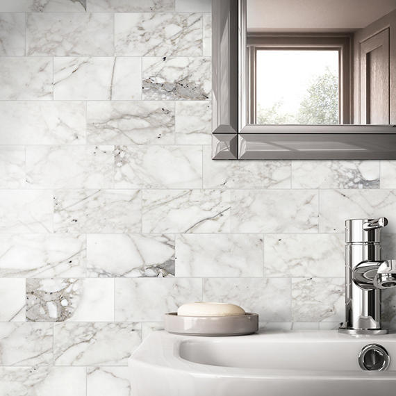 3x6 Marble Subway Pattern Intense Veining Natural Marble-Look Polished Smooth Marble Tile Calacatta White
