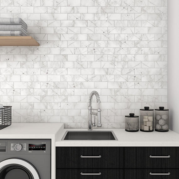 3x6 Marble Subway Pattern Intense Veining Natural Marble-Look Polished Smooth Marble Tile Calacatta White