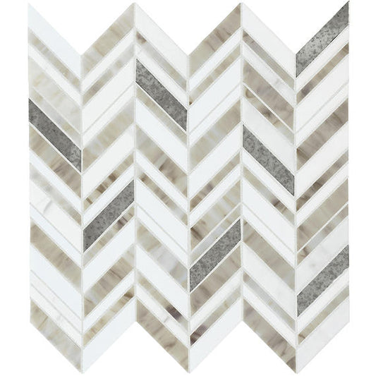 3 Stone Theory Chevron  Mosaic Stone-Look Matte Smooth Porcelain Tile White Gray