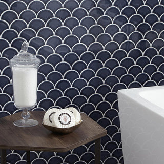 Navy Blue - 14x14 Revalia Remix Fan Shell Mosaic Solid-Color Glossy Smooth Ceramic Tile