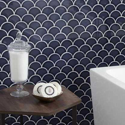 3 Revalia Remix Fan Shell  Mosaic Solid-Color Glossy Smooth Ceramic Tile Navy Blue