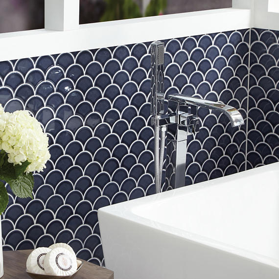 3 Revalia Remix Fan Shell  Mosaic Solid-Color Glossy Smooth Ceramic Tile Navy Blue
