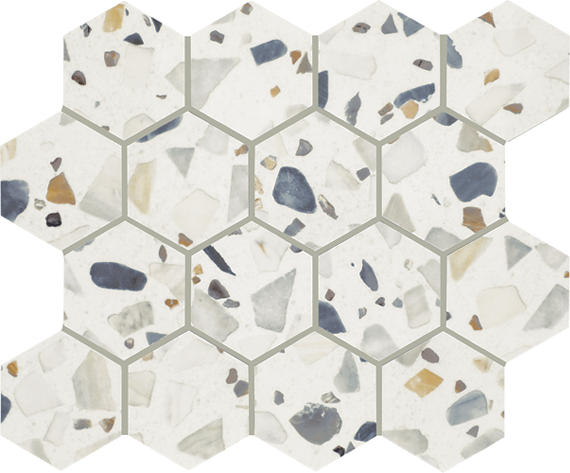 3 Curation Hexagon Honeycomb Fragment Shard Mosaic Mixed-Material Look Polished Smooth Porcelain Tile Light White