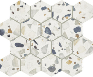 Light White - 15x12 Curation Hexagon Honeycomb Fragment Shard Mosaic Mixed-Material Look Polished Smooth Porcelain Tile