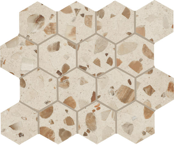 3 Curation Hexagon Honeycomb Fragment Shard Mosaic Mixed-Material Look Polished Smooth Porcelain Tile Warm Beige