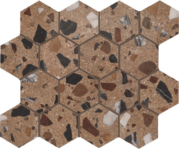 3 Curation Hexagon Honeycomb Fragment Shard Mosaic Mixed-Material Look Polished Smooth Porcelain Tile Warm Brown