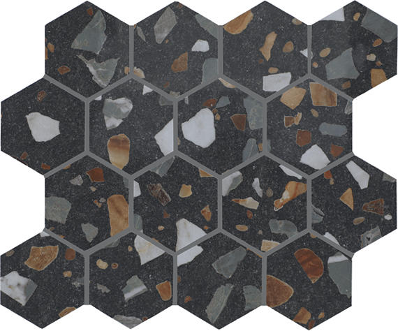 3 Curation Hexagon Honeycomb Fragment Shard Mosaic Mixed-Material Look Polished Smooth Porcelain Tile Dark Charcoal