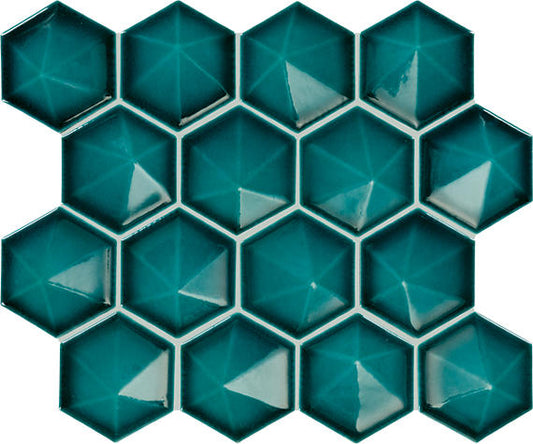 3 Artefino Jewel Hexagon  Mosaic Solid-Color Glossy 3D-Geometric Hexagon Ceramic Tile Sea Green