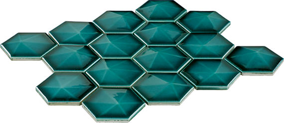 3 Artefino Jewel Hexagon  Mosaic Solid-Color Glossy 3D-Geometric Hexagon Ceramic Tile Sea Green