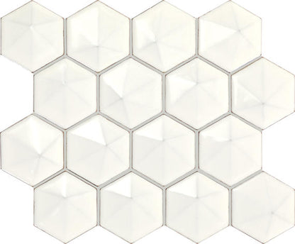 3 Artefino Jewel Hexagon  Mosaic Solid-Color Glossy 3D-Geometric Hexagon Ceramic Tile Off-White