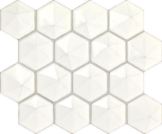 3 Artefino Jewel Hexagon  Mosaic Solid-Color Glossy 3D-Geometric Hexagon Ceramic Tile Off-White