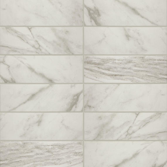 4x12 Platinum  Natural Marble-Look Matte Smooth Porcelain Tile White Gray