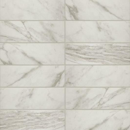 4x12 Platinum  Natural Marble-Look Matte Smooth Porcelain Tile White Gray
