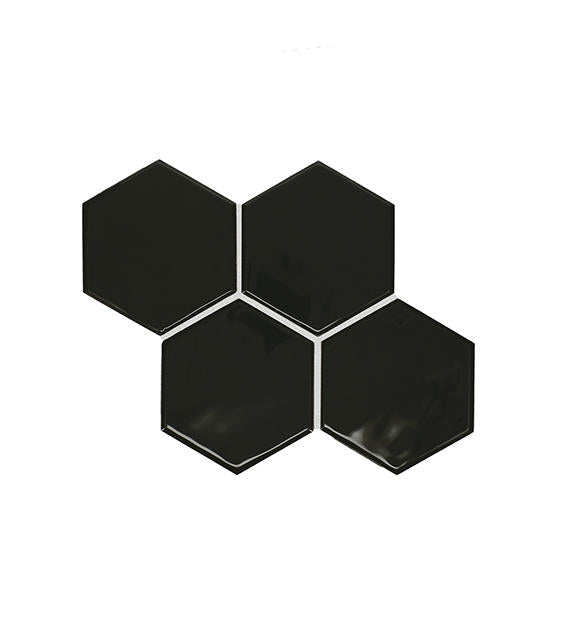 4x4 Playscapes Hexagon  Natural Solid-Color Glossy Undulated Ceramic Tile Jet Black