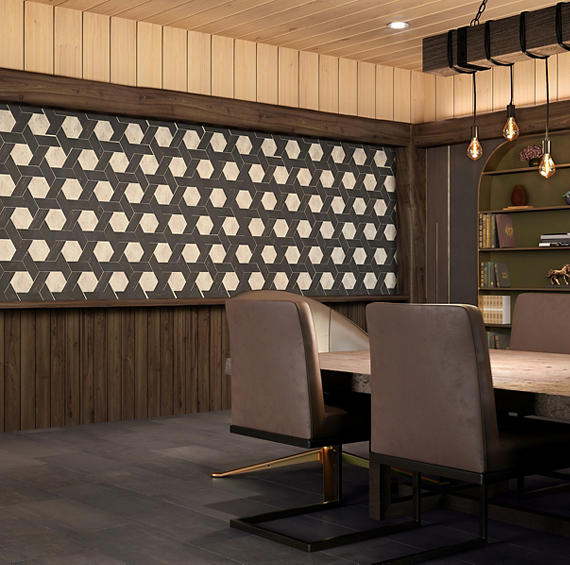 12x10 Historic Limestone Multi-Polygon  Mosaic Mixed-Material Look Matte Textured Porcelain Tile Dark Brown