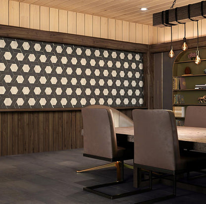 12x10 Historic Limestone Multi-Polygon  Mosaic Mixed-Material Look Matte Textured Porcelain Tile Dark Brown