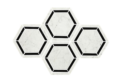 6 Marble Hexagon Framed Border  Mosaic Marble-Look Polished Smooth Marble Tile Black White
