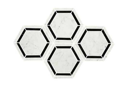6 Marble Hexagon Framed Border  Mosaic Marble-Look Polished Smooth Marble Tile Black White