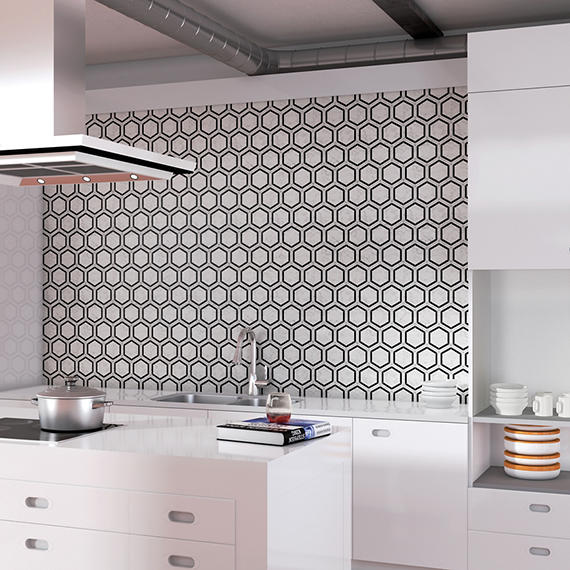 6 Marble Hexagon Framed Border  Mosaic Marble-Look Polished Smooth Marble Tile Black White